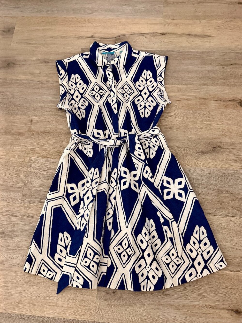 Tori Richard Fit Flare Tropical Belted Dress Blue Sz 12
